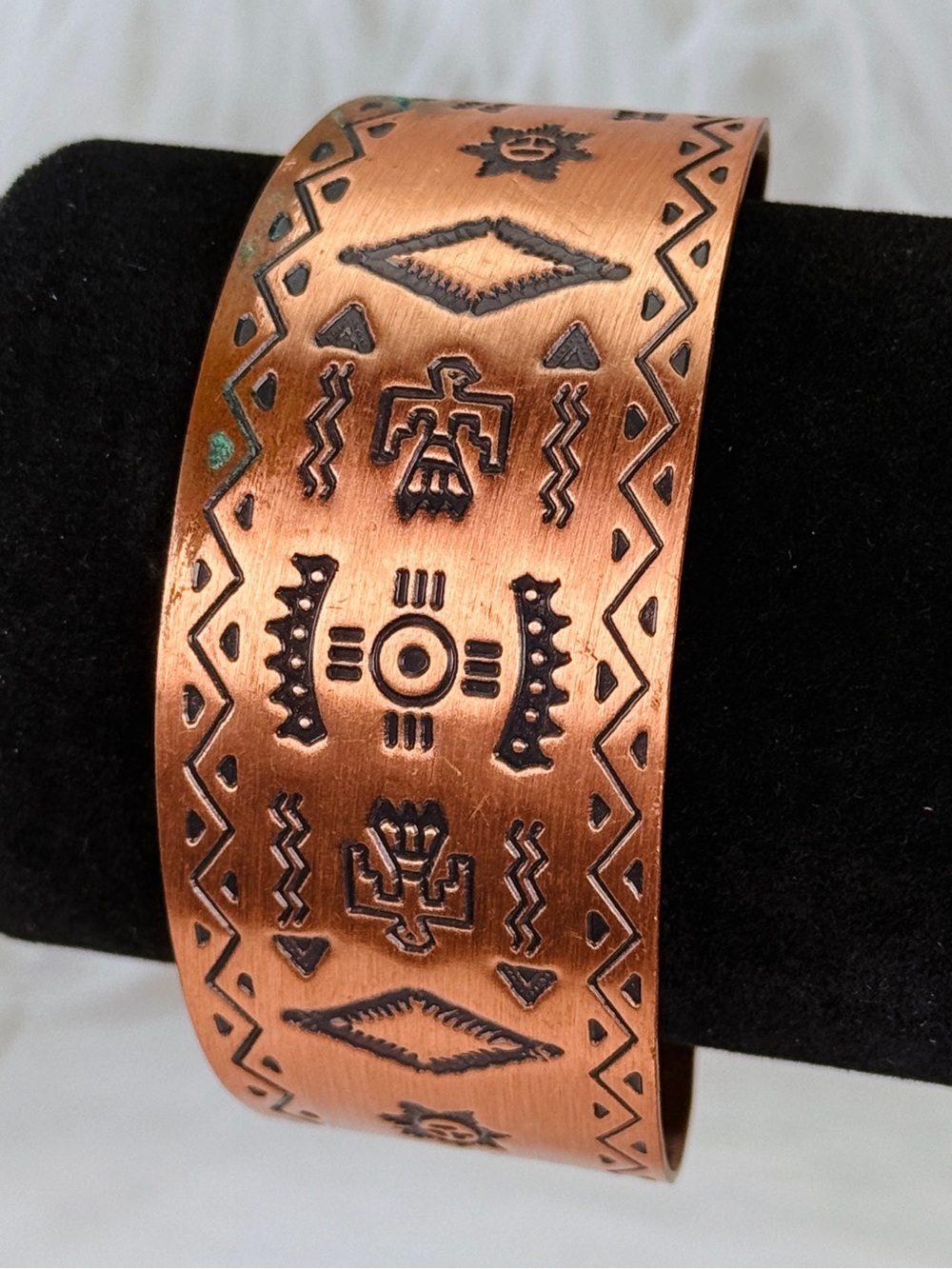 Vintage Solid Copper Stamped Wide Cuff Bracelet Southwestern Boho Artisan